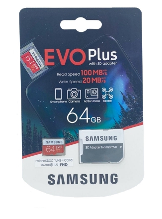 Samsung   microSDXC EVO Plus UHS-I (U1) 64 GB, : 100 MB/s, : 20 MB/s,   SD